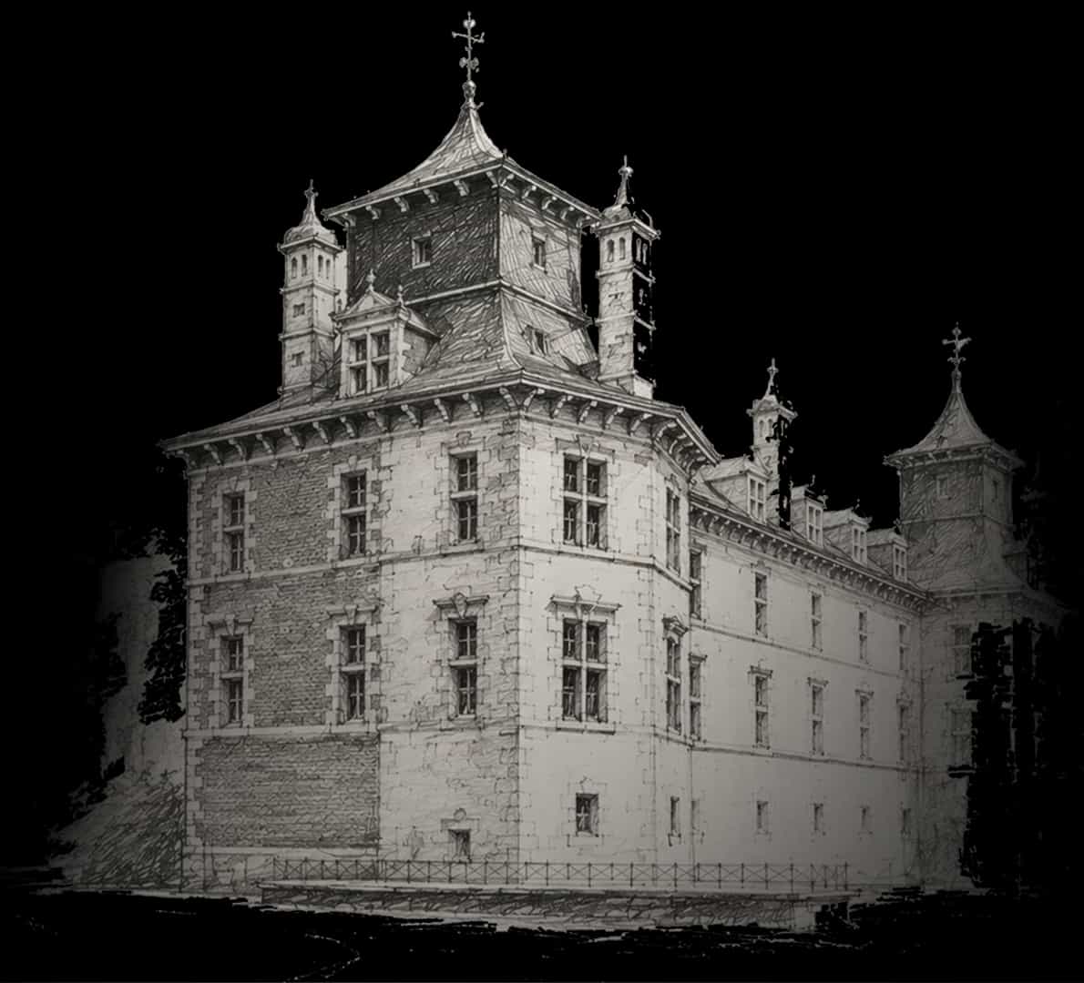 Potloodtekening van kasteel d’Aspremont-Lynden