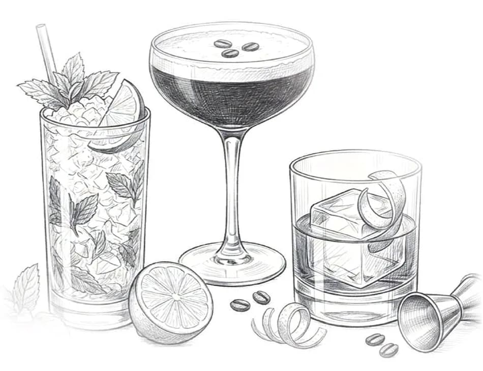 Potloodtekening van cocktails