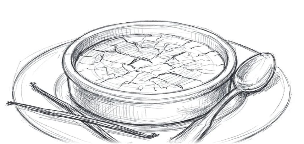 Potloodtekening van een crème brûlée