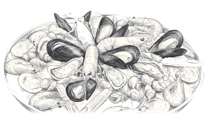 Potloodtekening van een fruits-de-mer-plateau