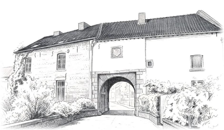 Potloodtekening van het poortgebouw van Oud-Rekem